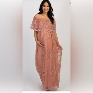 EUC pink blush off the shoulder lace maxi dress perfect for maternity